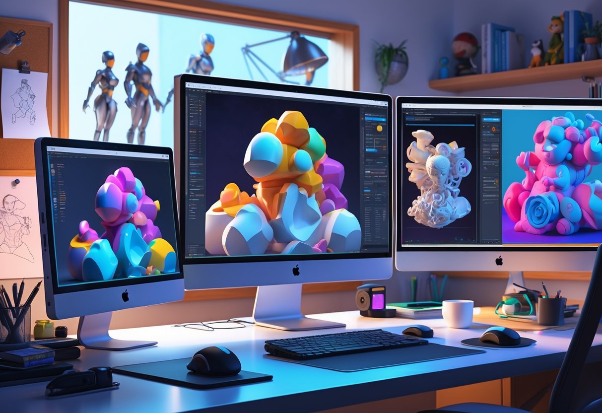 7 3D Artist Resume Examples & Guide for 2025: Templates, Tips, and Essential Skills 3 A 3D artist's desk with multiple monitors displaying detailed 3D character models and software interfaces, surrounded by creative tools and reference materials.