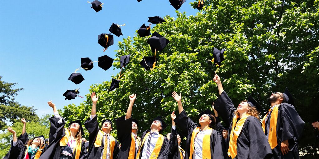 Graduates in caps and gowns celebrating outdoors.