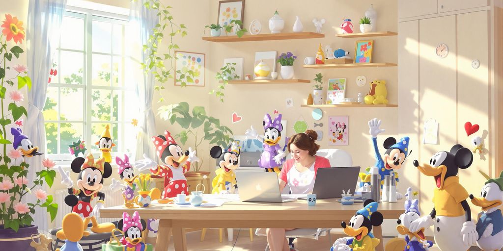 Person working remotely with Disney characters.