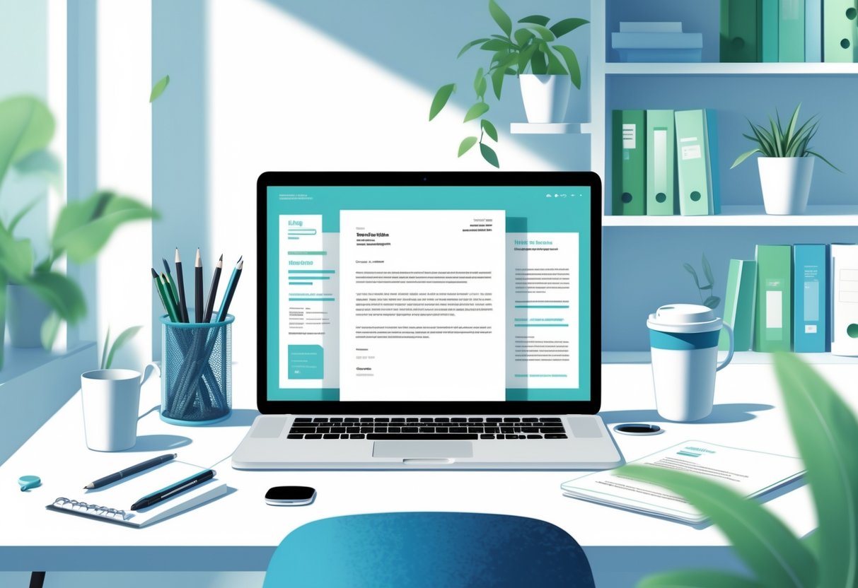 A tidy desk with a laptop showing an open document, surrounded by office supplies and a plant in a well-lit workspace.