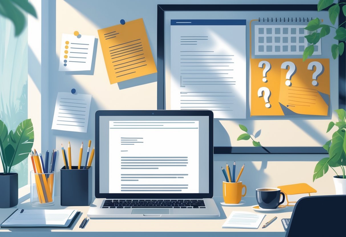 A tidy workspace with a laptop, stationery, and a bulletin board showing notes and question marks, suggesting help with cover letters.